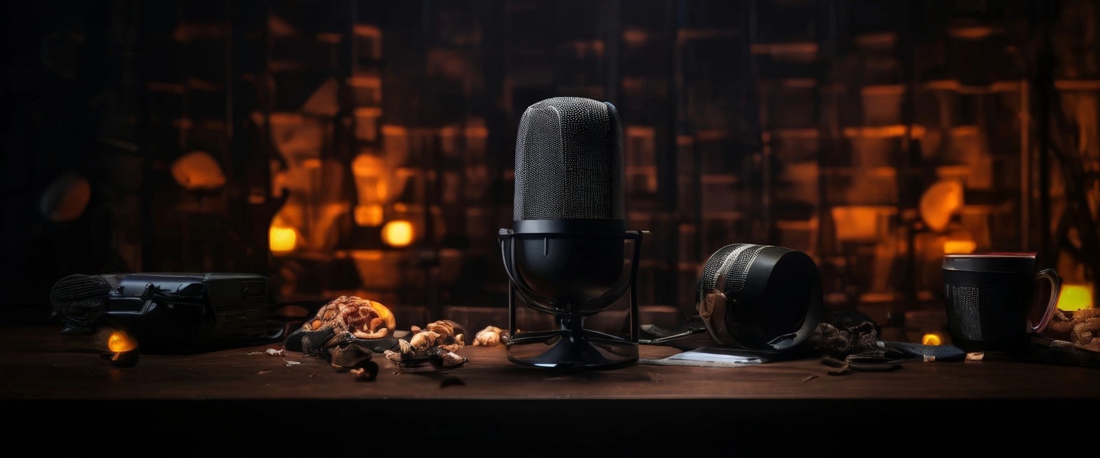 A studio microphone and headphones on a wooden table, warm bottles glowing behind